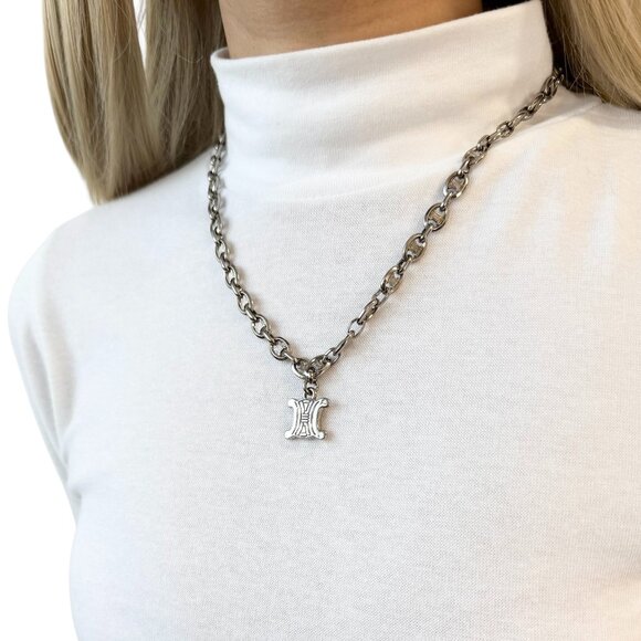 CELINE Vintage Macadam Logo Chain Necklace Accessory Silver Metal  [104002] - Picture 1 of 8
